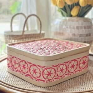 Red Rectangle Bamboo Basket W/Lid